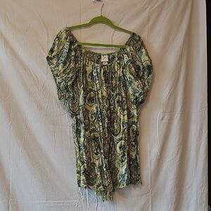 Paisley Off-Shoulder Top - Green, Teal and Black, Tall Sz 28,